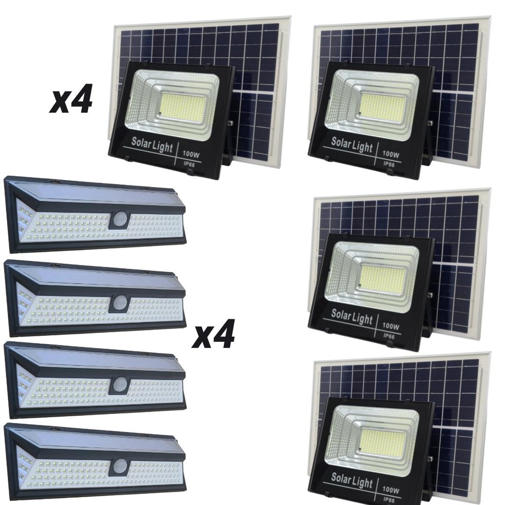 4 100W Solar Flood Lights + 4 118 LED Solar Lights