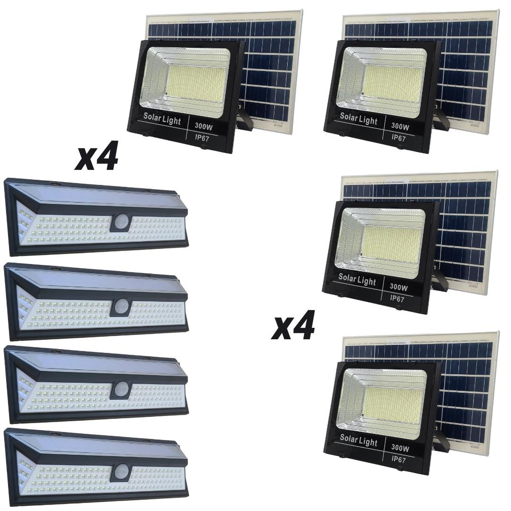 4 300W Solar Flood Lights + 4 118 LED Solar Lights